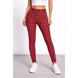 Labijou Scottish Tartan Skinny Leg High Waist Pants Red M